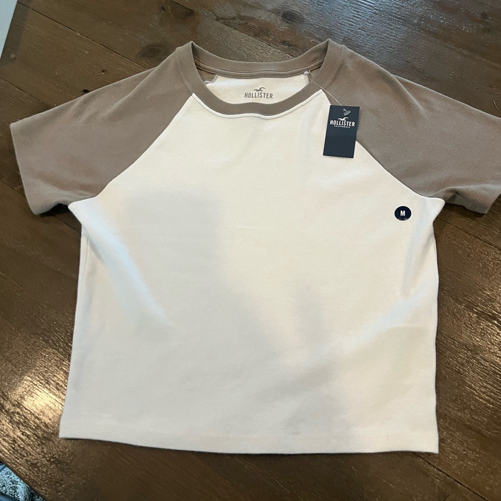 Hollister White and Taupe Raglan Short Sleeve Tee